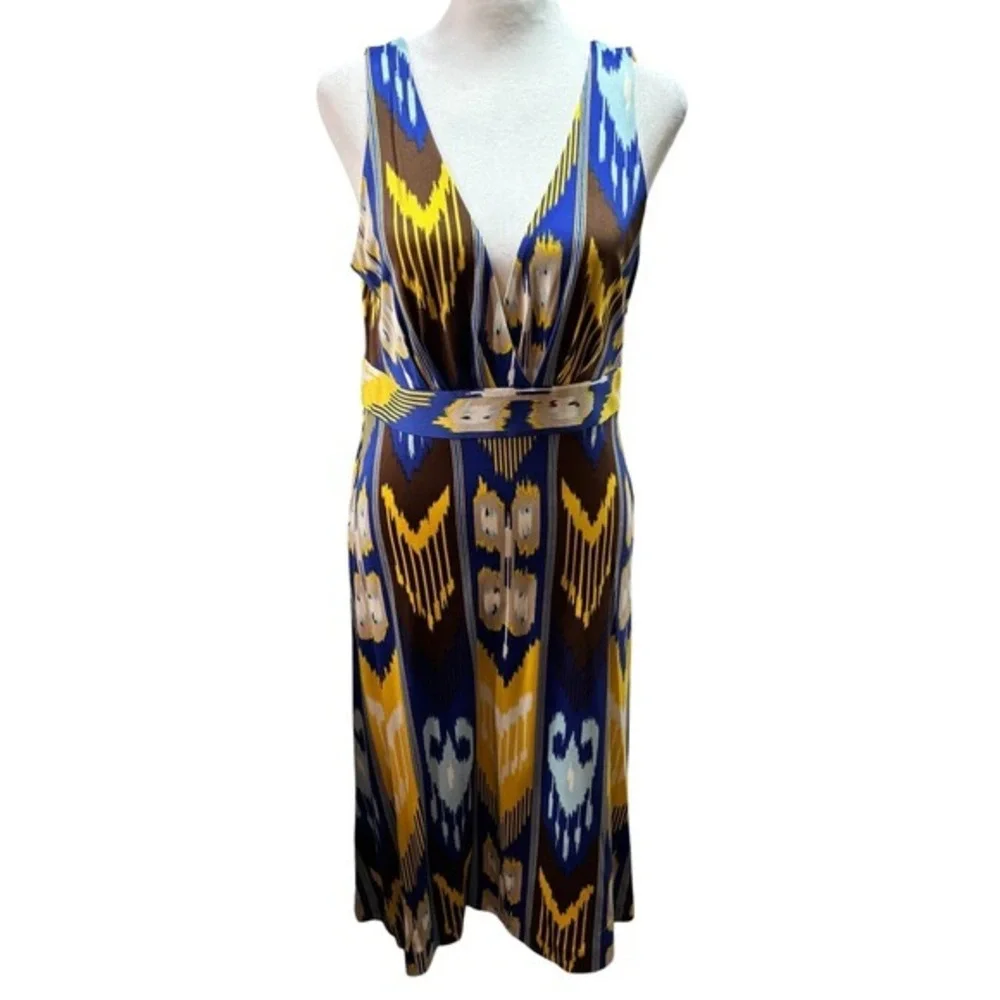 Tory Burch Silk Ikat Print V-Neck  Midi‎ Dress Blue Yellow Brown Size M #927